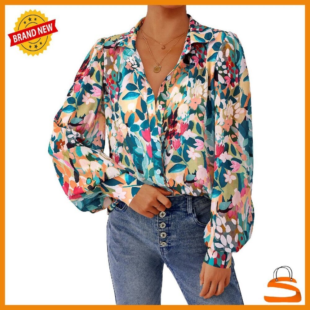 Women's Floral Chiffon Blouse Lantern Sleeve V Neck Button Down Boho Top